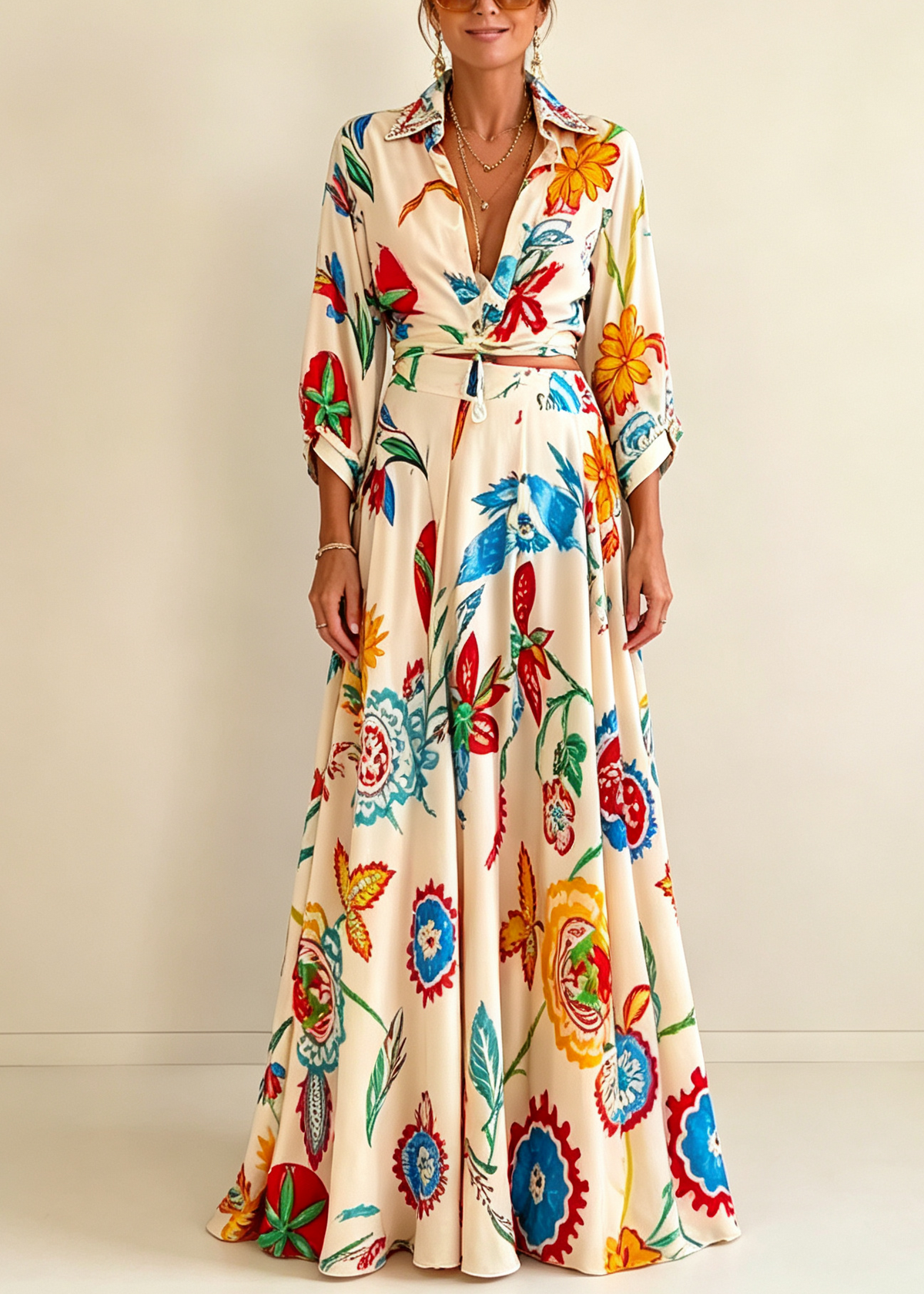 Two-Piece Boho Set: Long-Sleeve Shirt and Tropical Floral Maxi Skirt