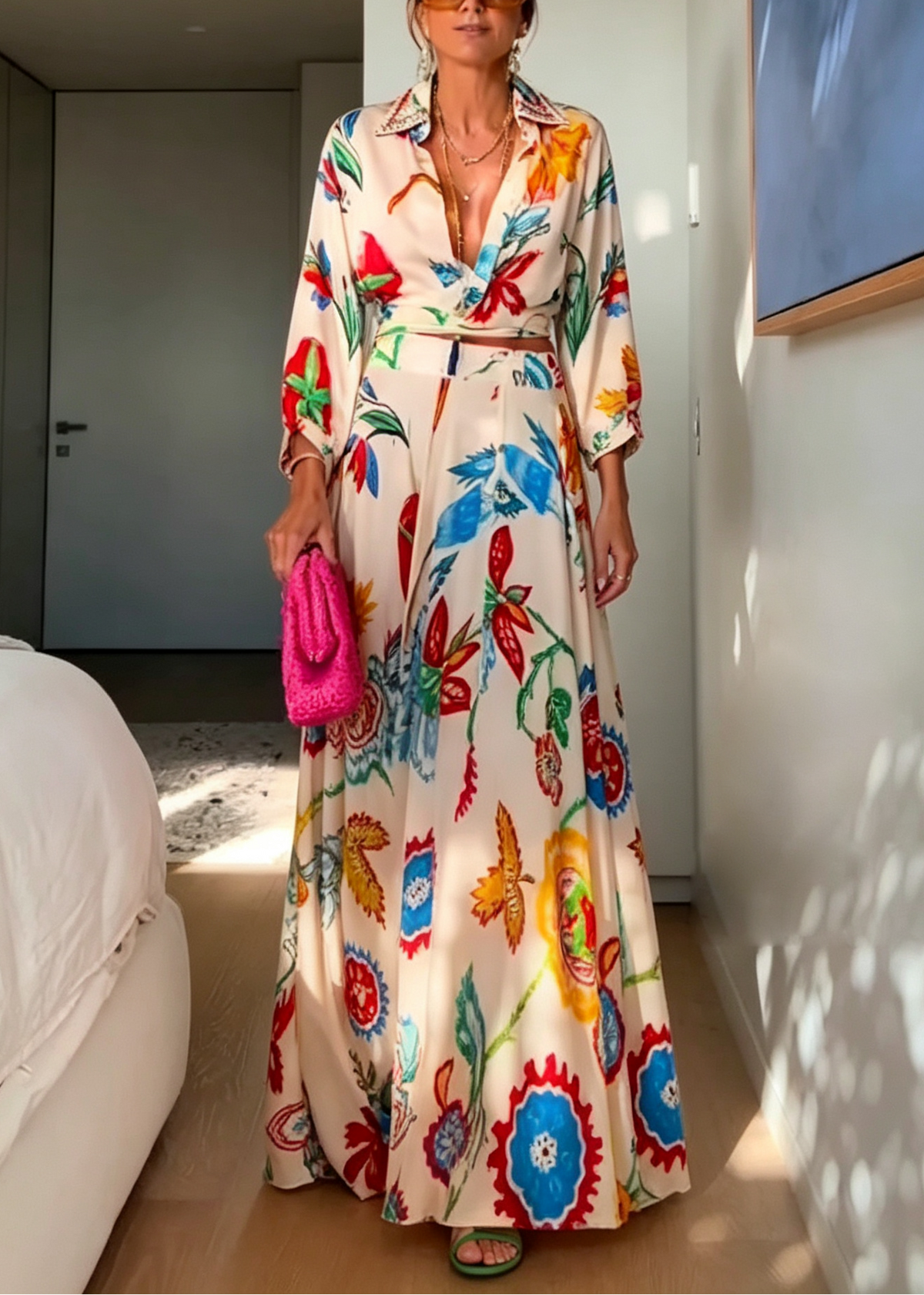 Two-Piece Boho Set: Long-Sleeve Shirt and Tropical Floral Maxi Skirt