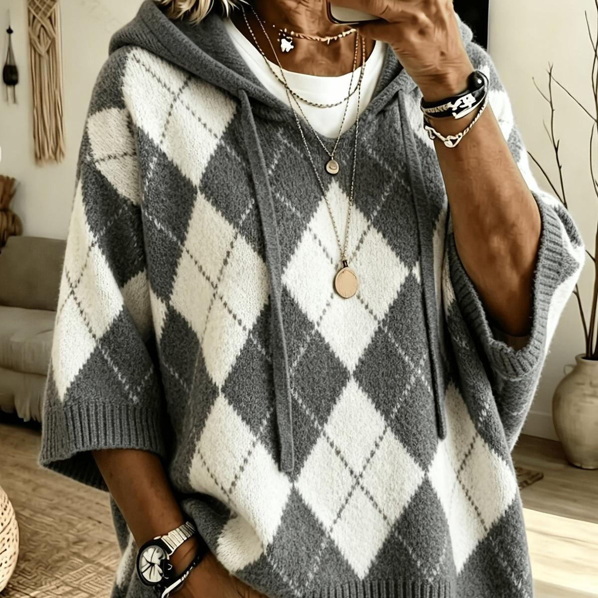 Judith™ | Retro Diamond Hooded Sweater