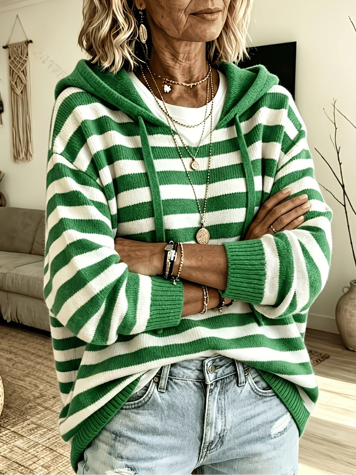 Raphaela™ | Striped Batwing Hooded Sweater
