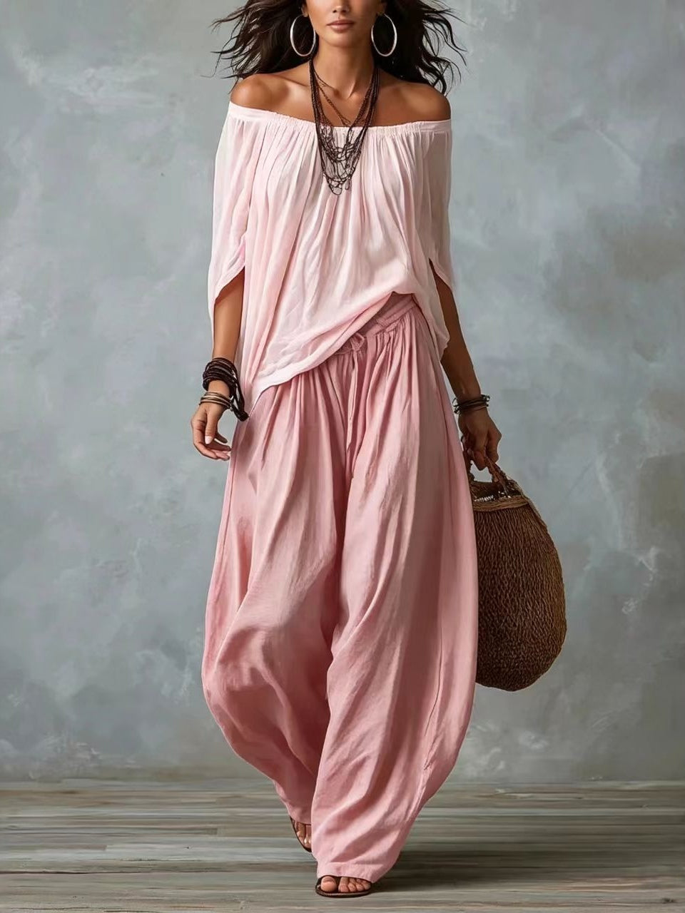 White Off-the-Shoulder Top and Wide Lantern Pants Set