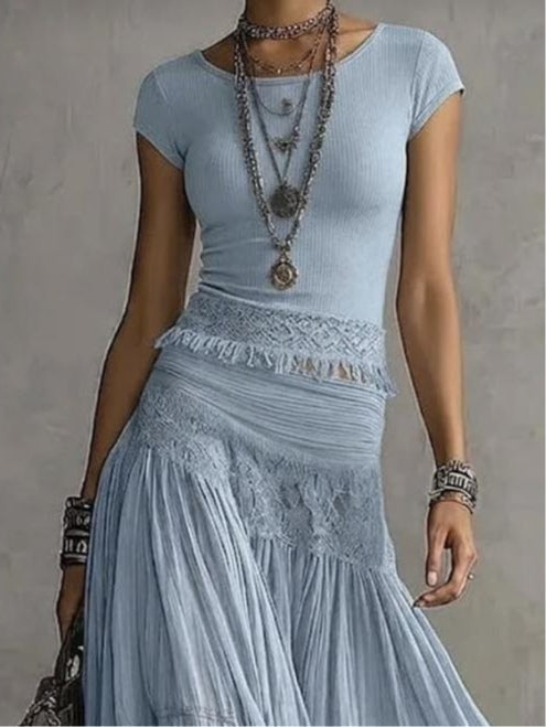 Blue Lace Top and Pleated Maxi Skirt Set