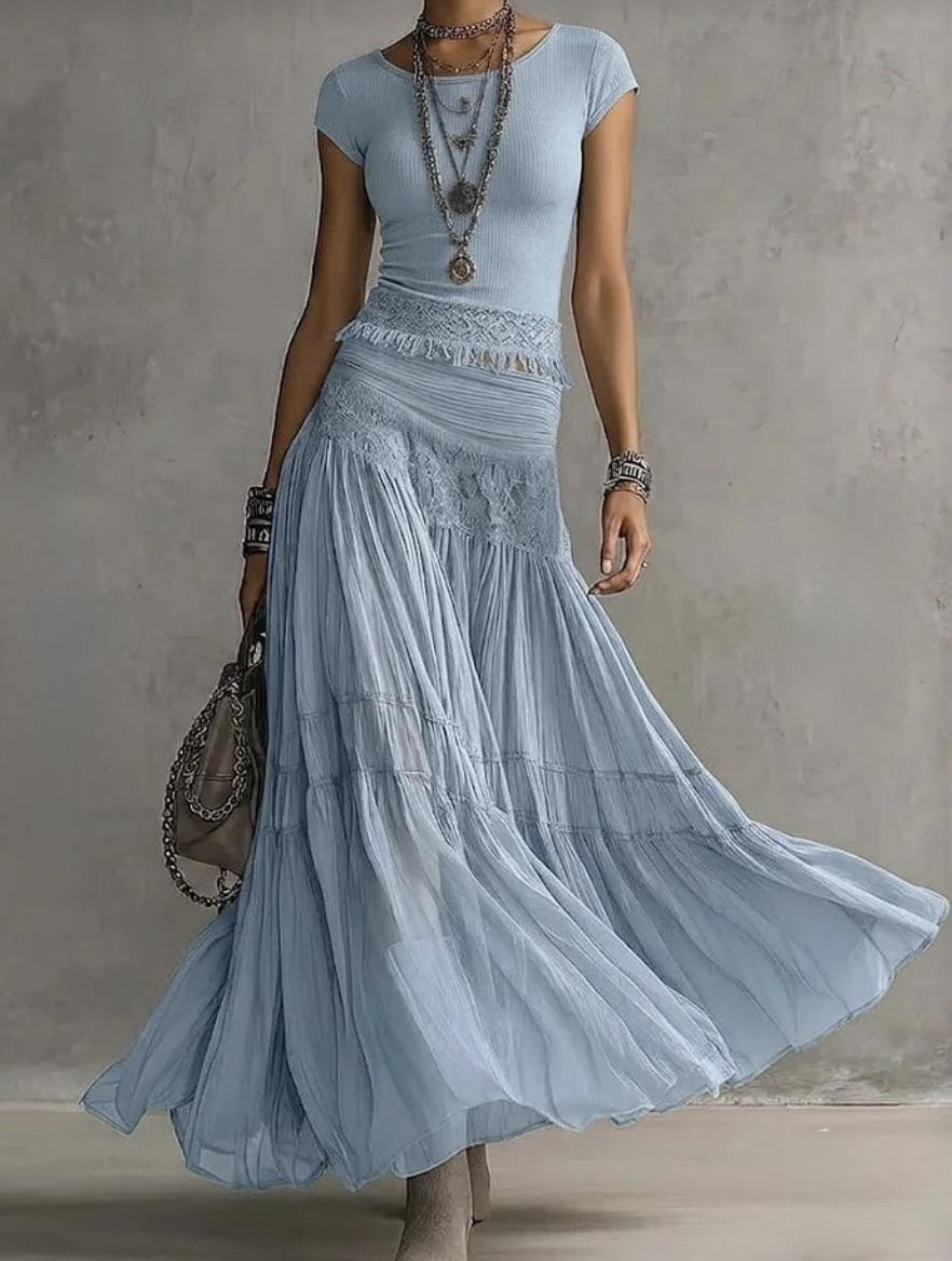 Blue Lace Top and Pleated Maxi Skirt Set