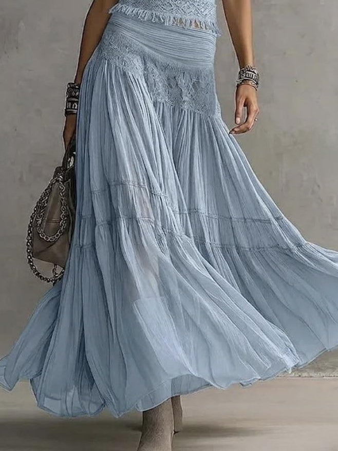 Blue Lace Top and Pleated Maxi Skirt Set