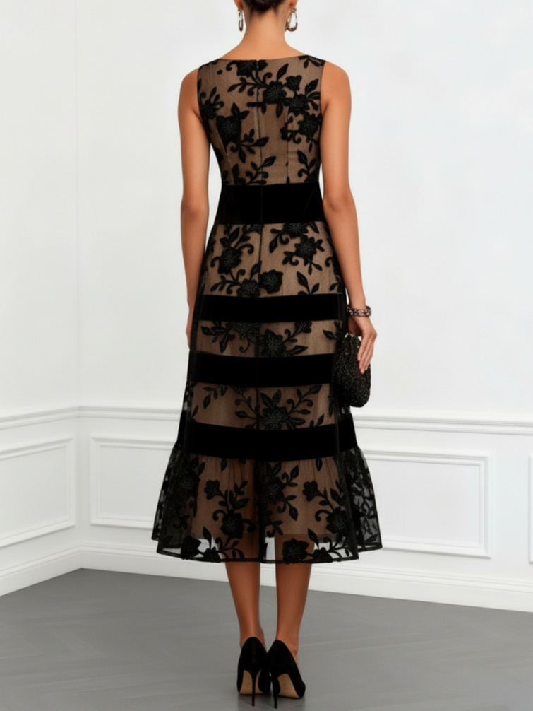 Sleeveless Black Mesh A-Line Midi Dress with Floral Detail
