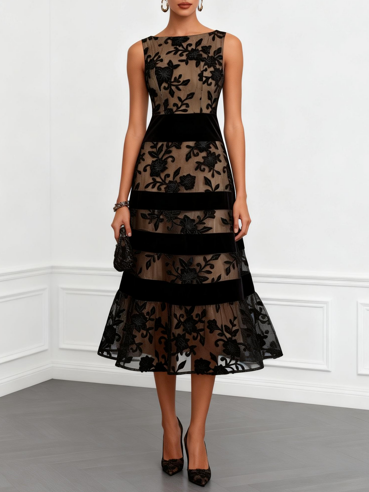 Sleeveless Black Mesh A-Line Midi Dress with Floral Detail