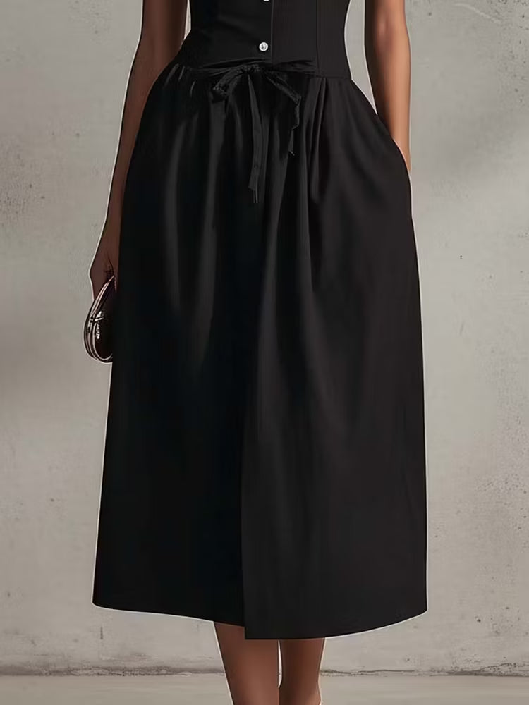 Black Off Shoulder Floral Neckline Midi Dress