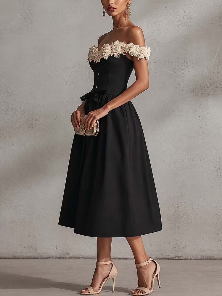 Black Off Shoulder Floral Neckline Midi Dress