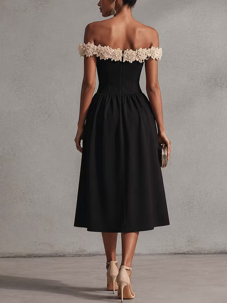 Black Off Shoulder Floral Neckline Midi Dress