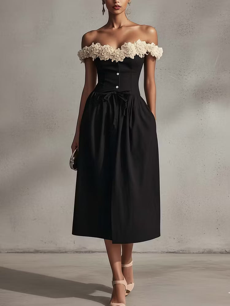 Black Off Shoulder Floral Neckline Midi Dress