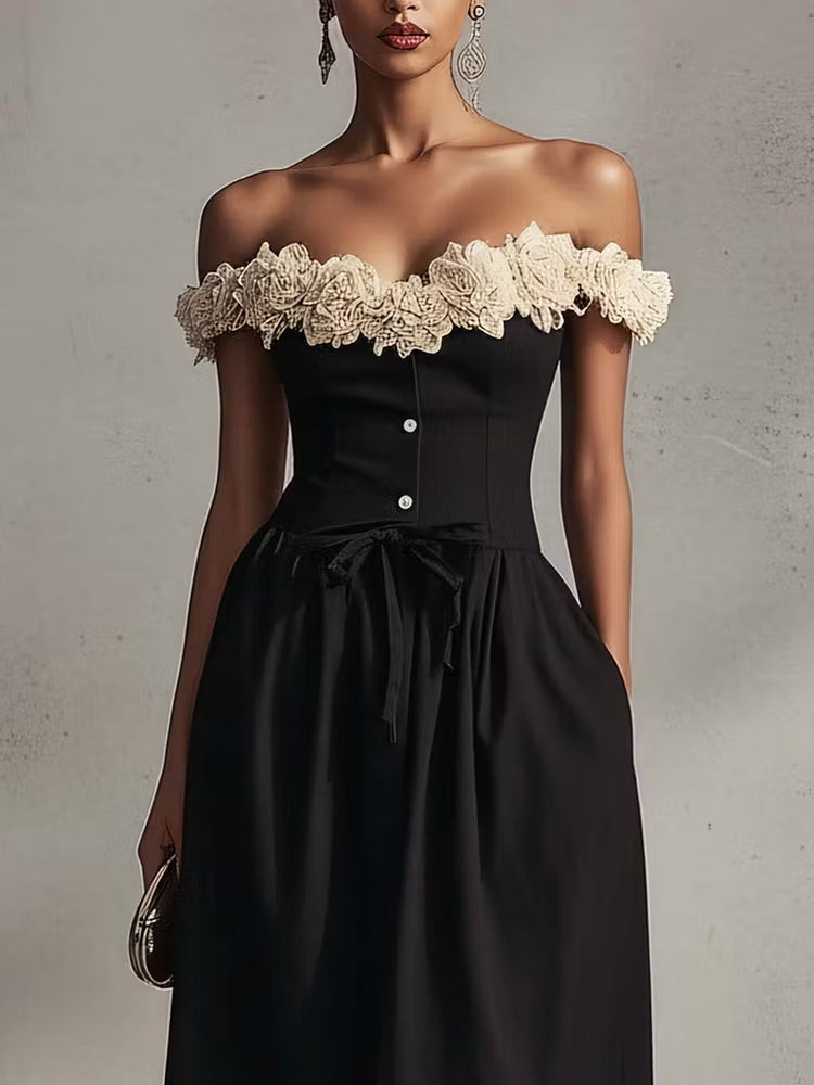 Black Off Shoulder Floral Neckline Midi Dress