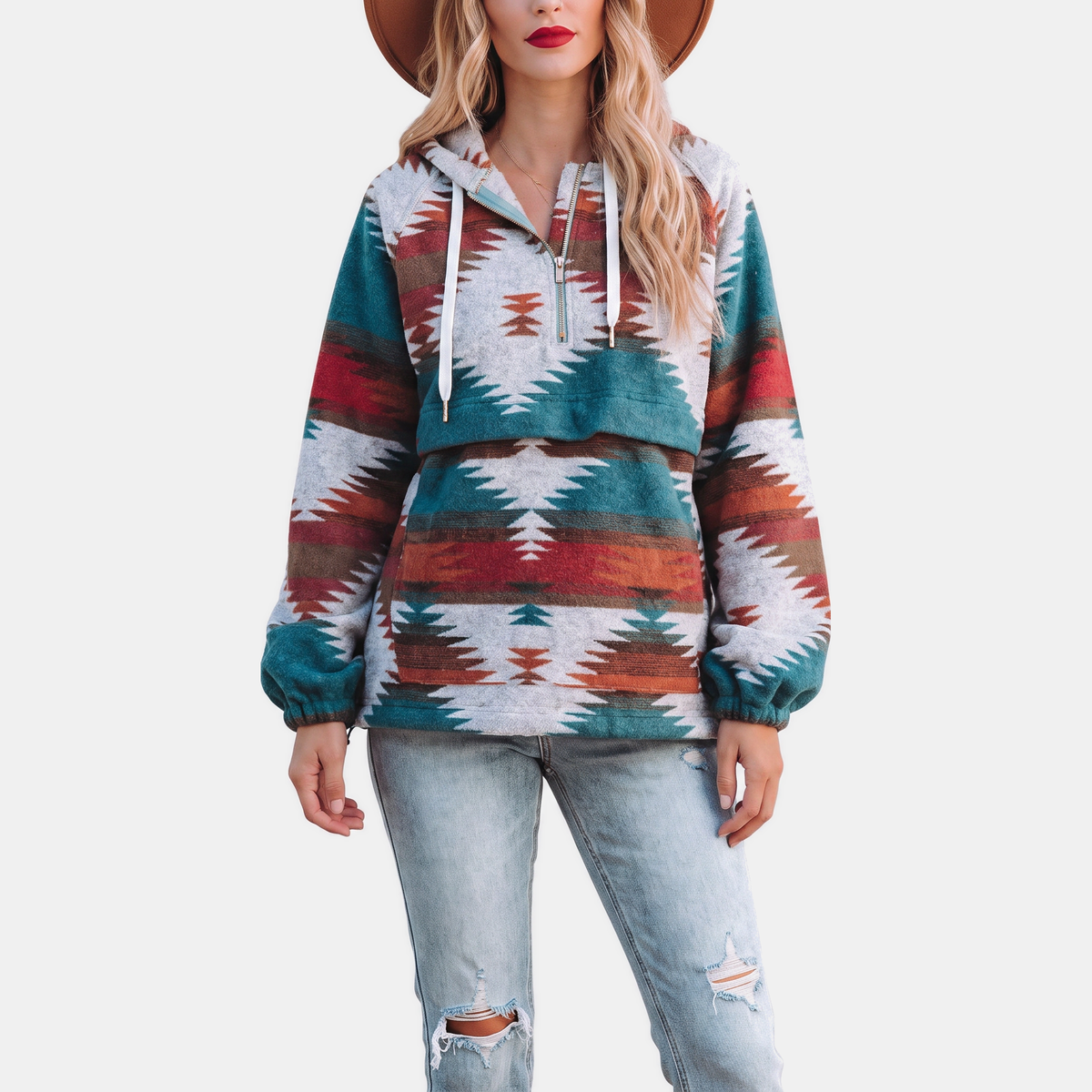 Talia | Oversized Quarter Zip Hoodie with Geometric Print