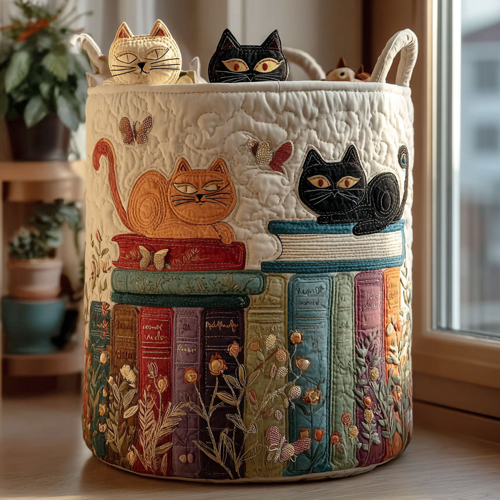 Ilene™ Bookshelf Cats Quilted Laundry Basket