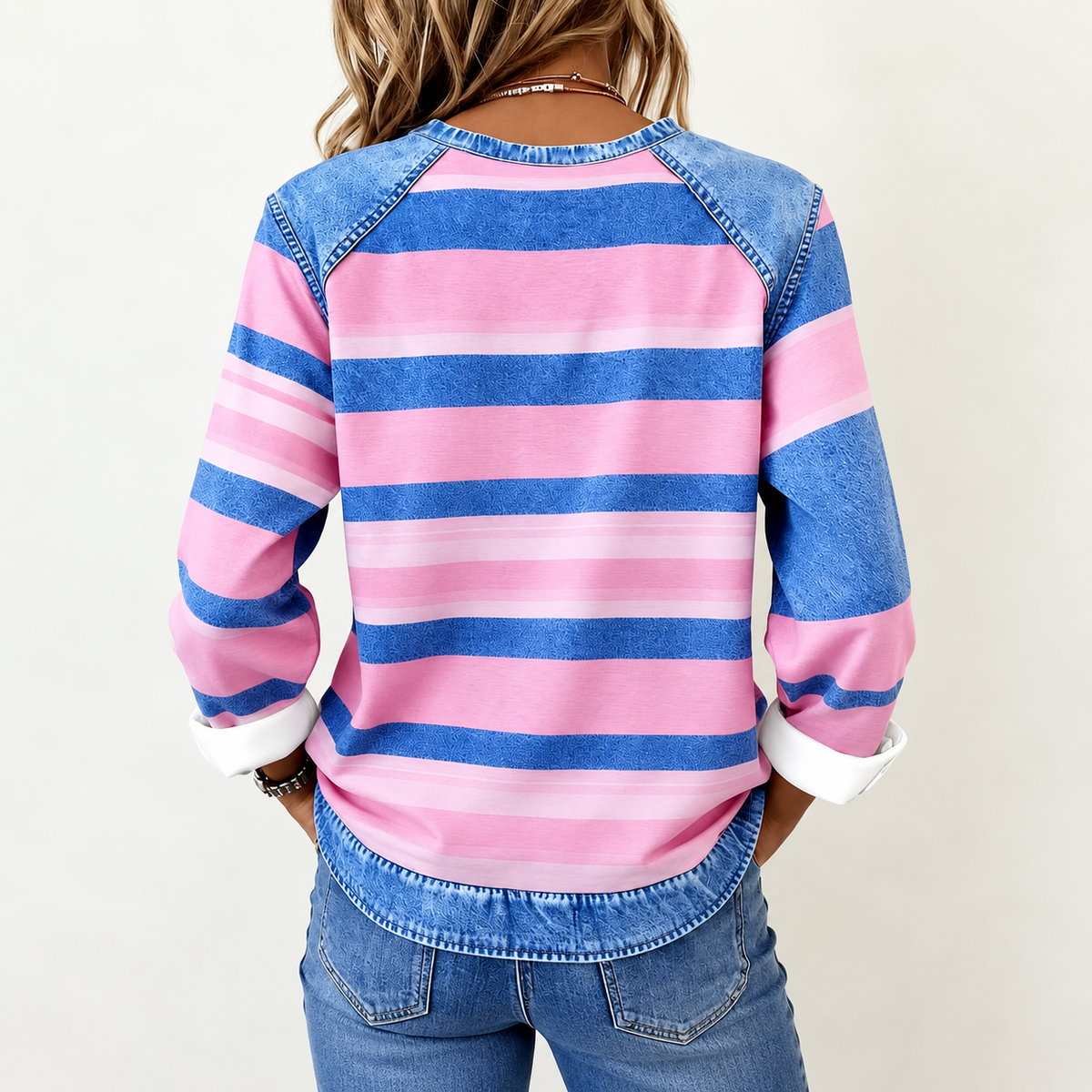 Nora | Soft Striped Top with Denim Details