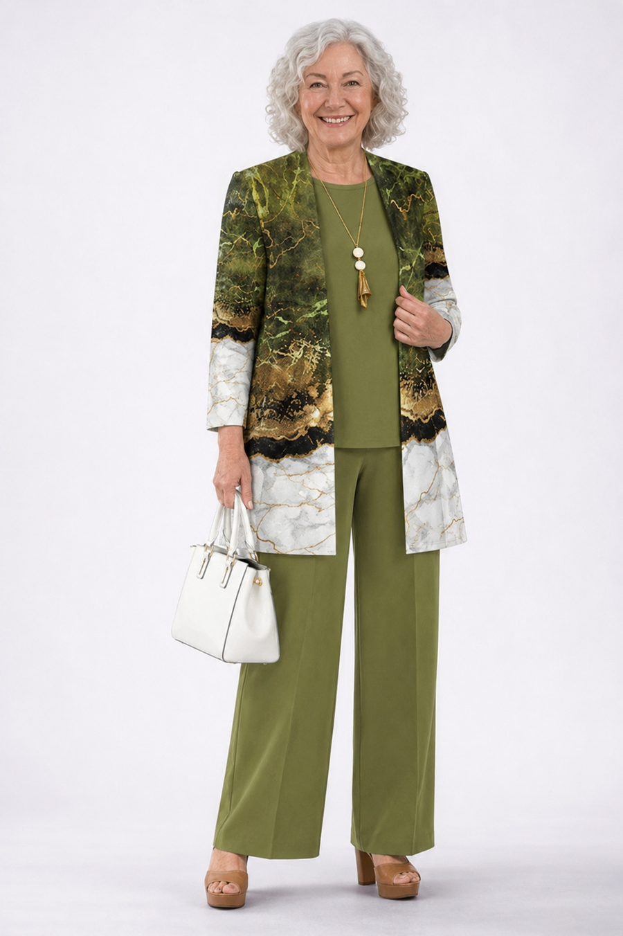Carmen™ | Elegant 3-Piece Set with Long Cardigan and Trousers | Olive Green