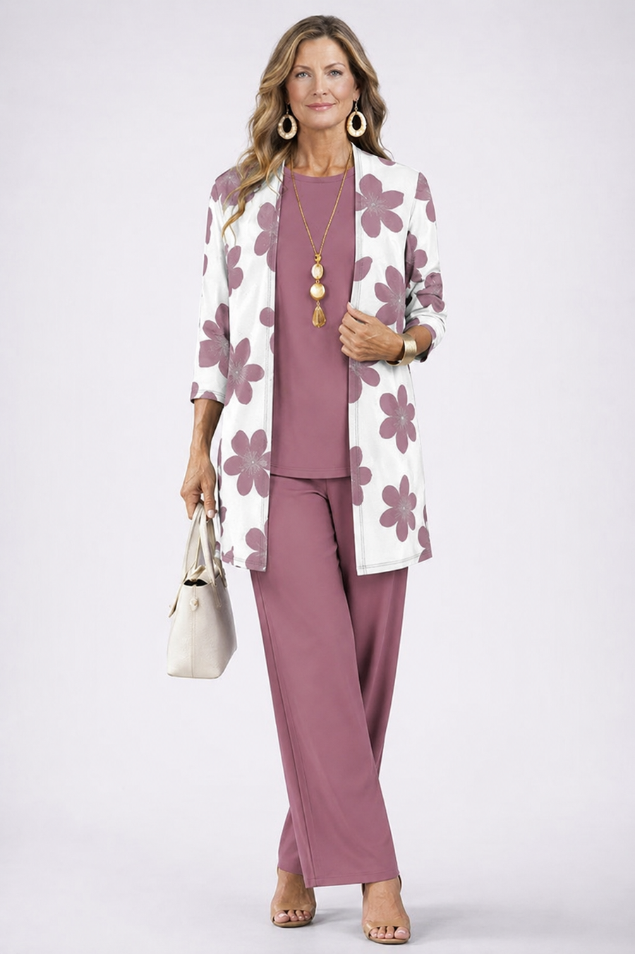Carmen™ | Elegant 3-Piece Set with Long Cardigan and Trousers | Light Pink