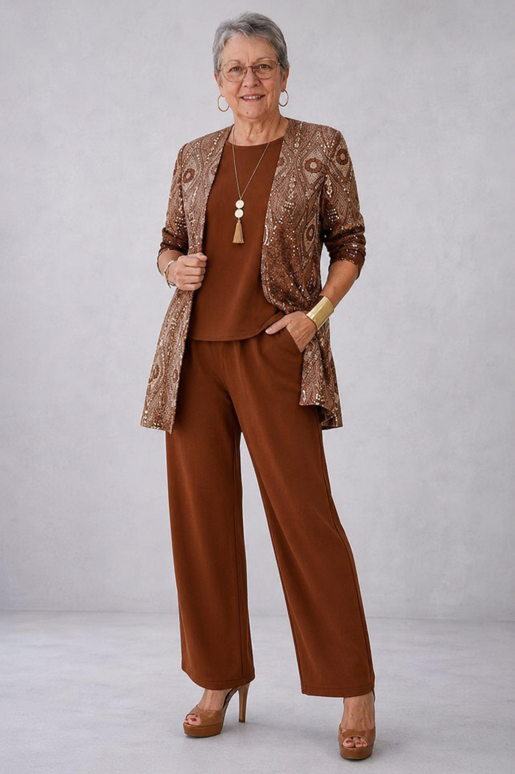 Carmen™ | Elegant 3-Piece Set with Long Cardigan and Trousers | Burgundy