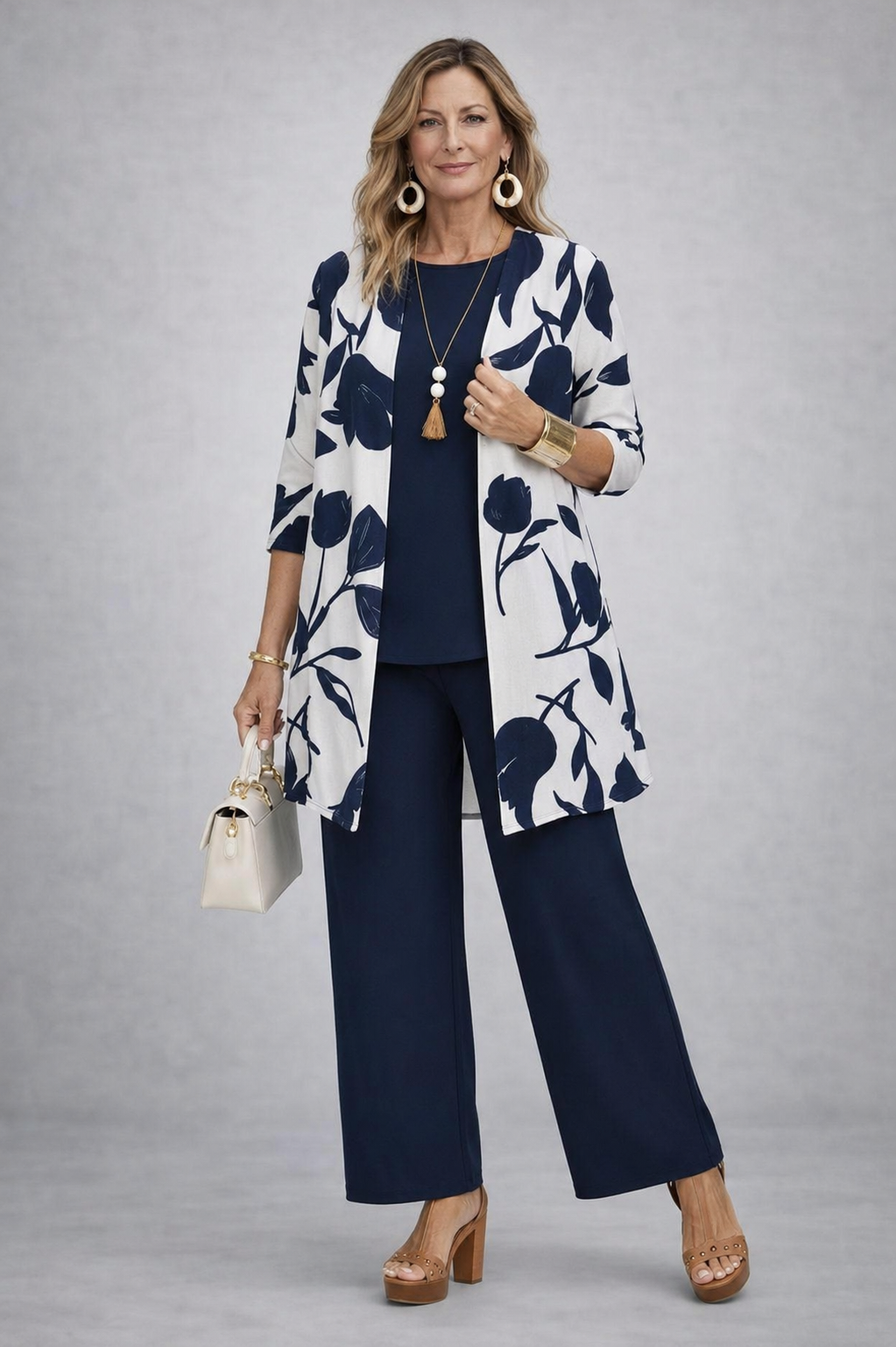 Carmen™ | Elegant 3-Piece Set with Long Cardigan and Trousers | Blue and White