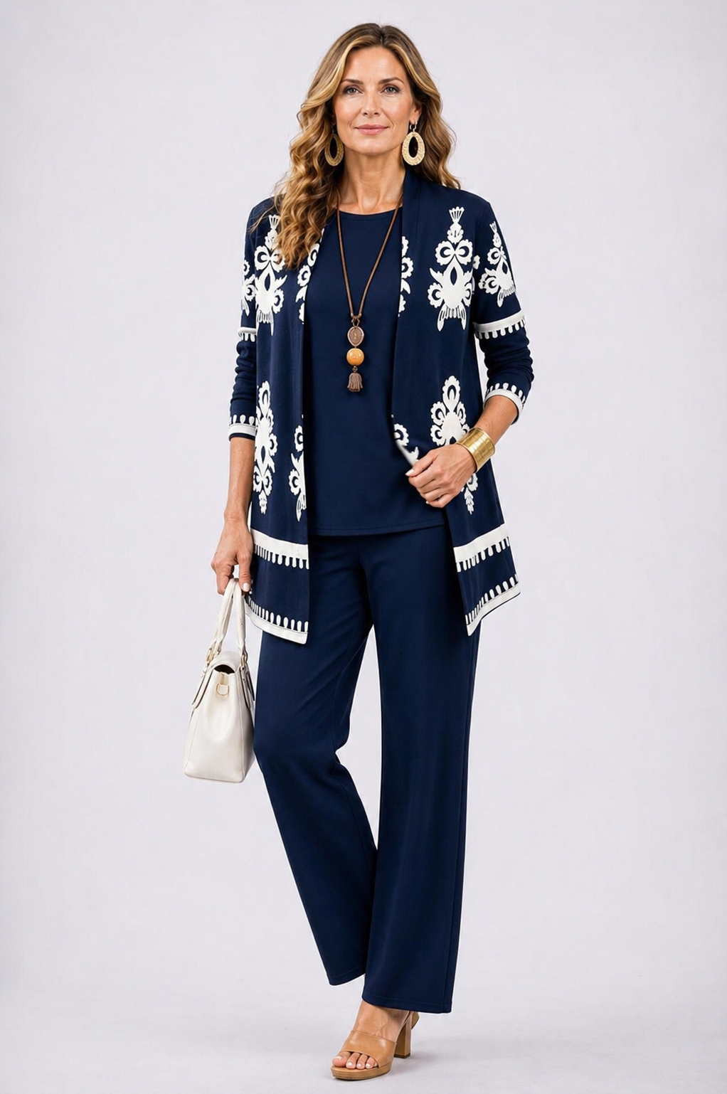 Carmen™ | Elegant 3-Piece Set with Long Cardigan and Trousers | Navy Blue