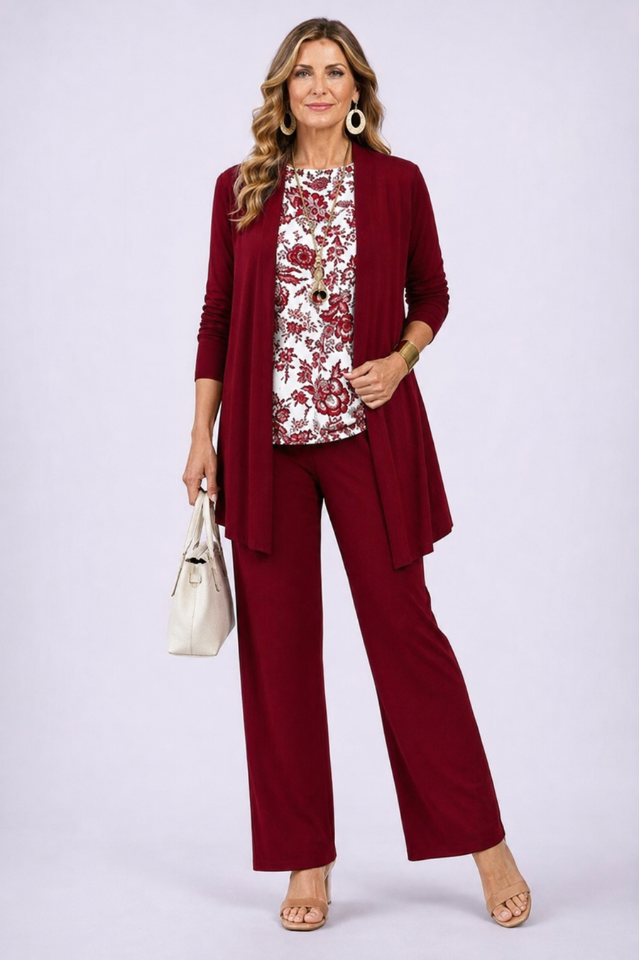 Carmen™ | Elegant 3-Piece Set with Long Cardigan and Trousers | White and Red
