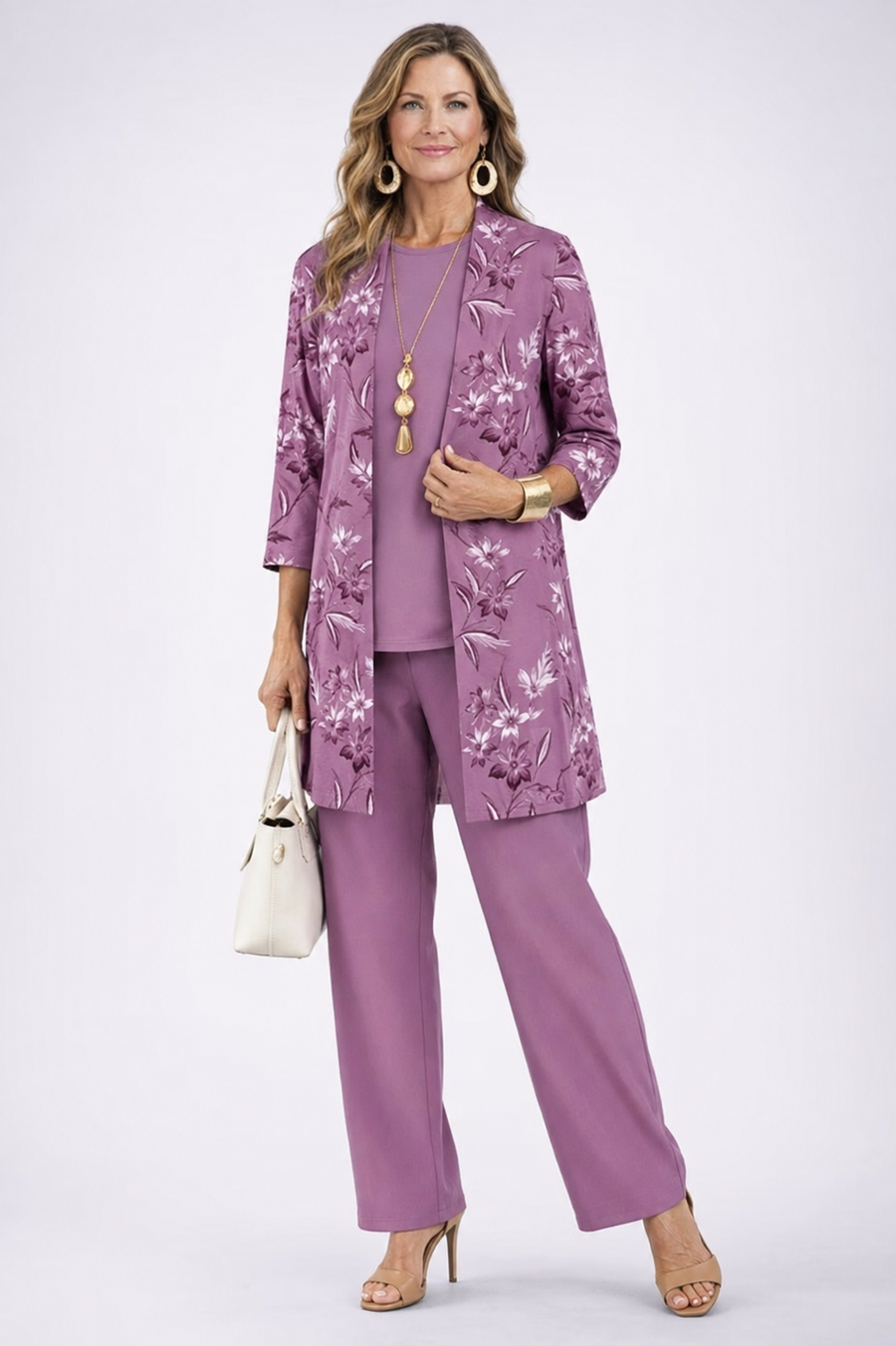 Carmen™ | Elegant 3-Piece Set with Long Cardigan and Trousers | Purple