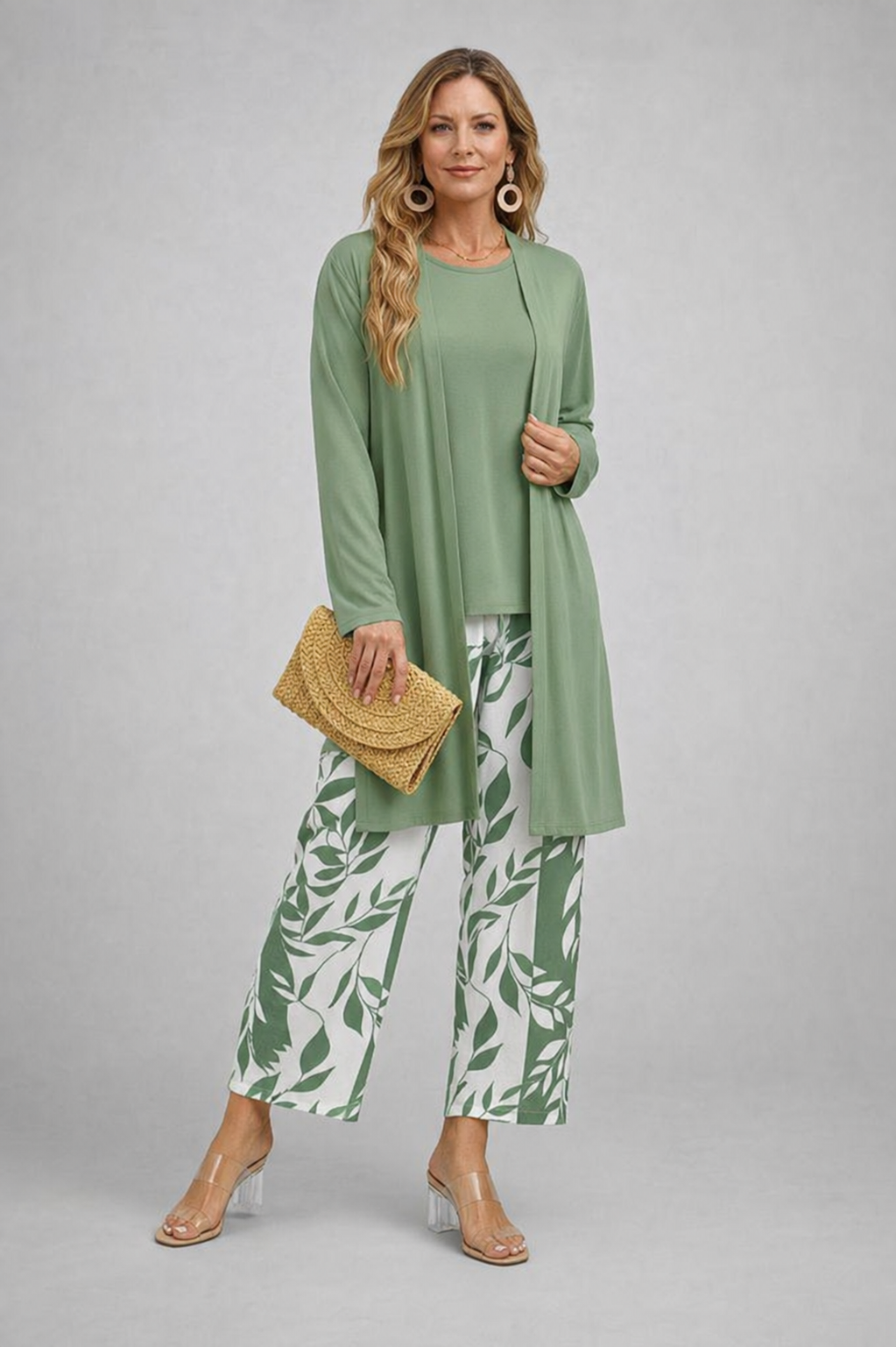 Carmen™ | Elegant 3-Piece Set with Long Cardigan and Trousers | Light Green