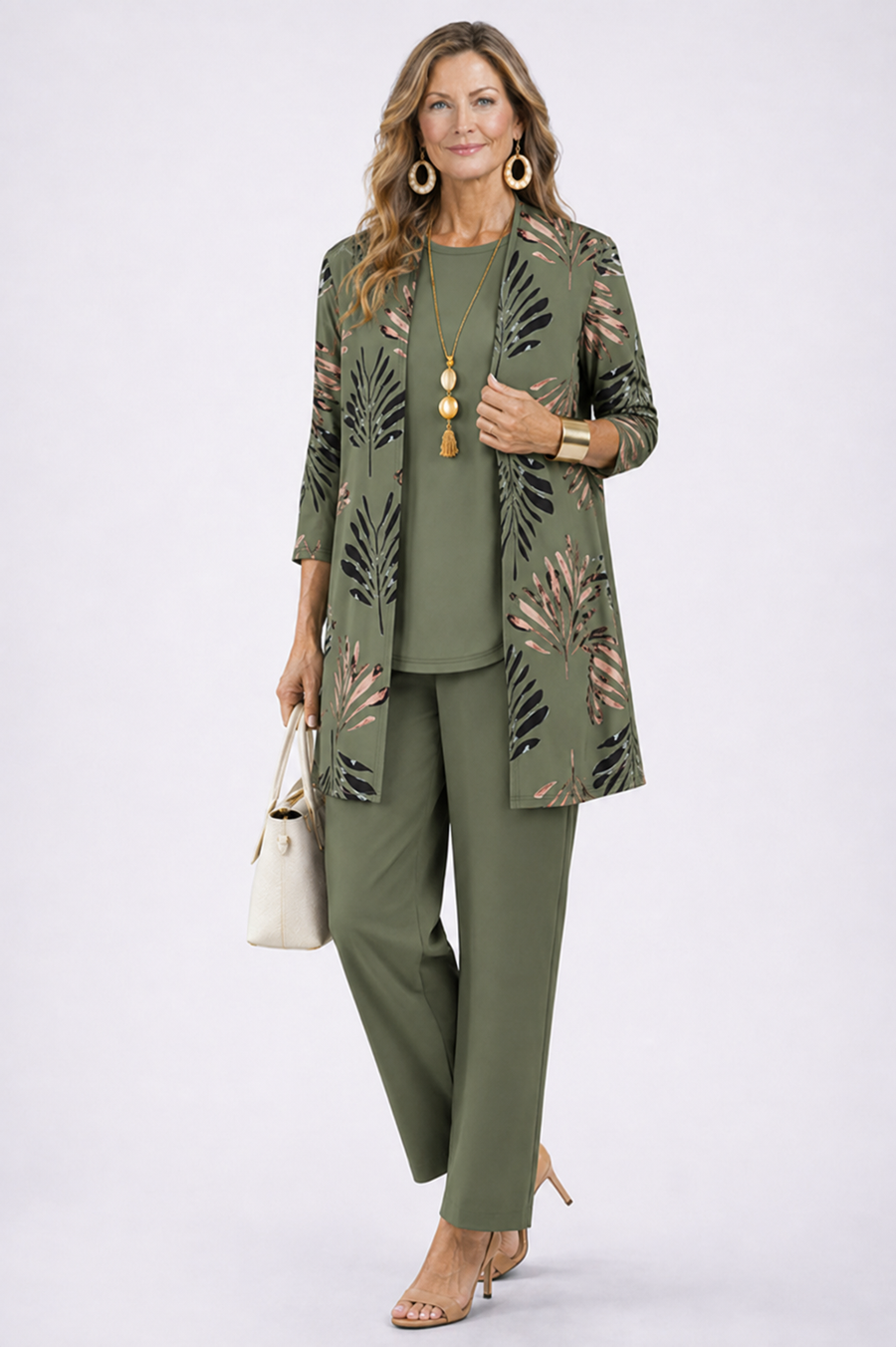 Carmen™ | Elegant 3-Piece Set with Long Cardigan and Trousers | Green