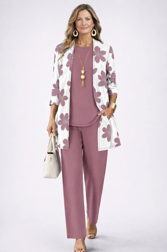 Carmen™ | Elegant 3-Piece Set with Long Cardigan and Trousers | Light Pink