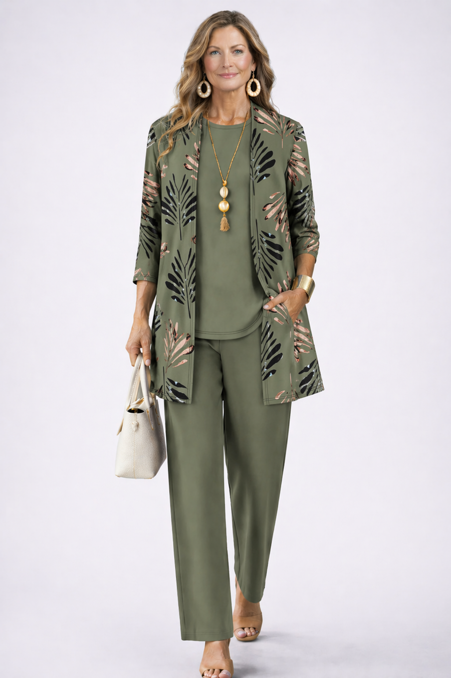 Carmen™ | Elegant 3-Piece Set with Long Cardigan and Trousers | Green