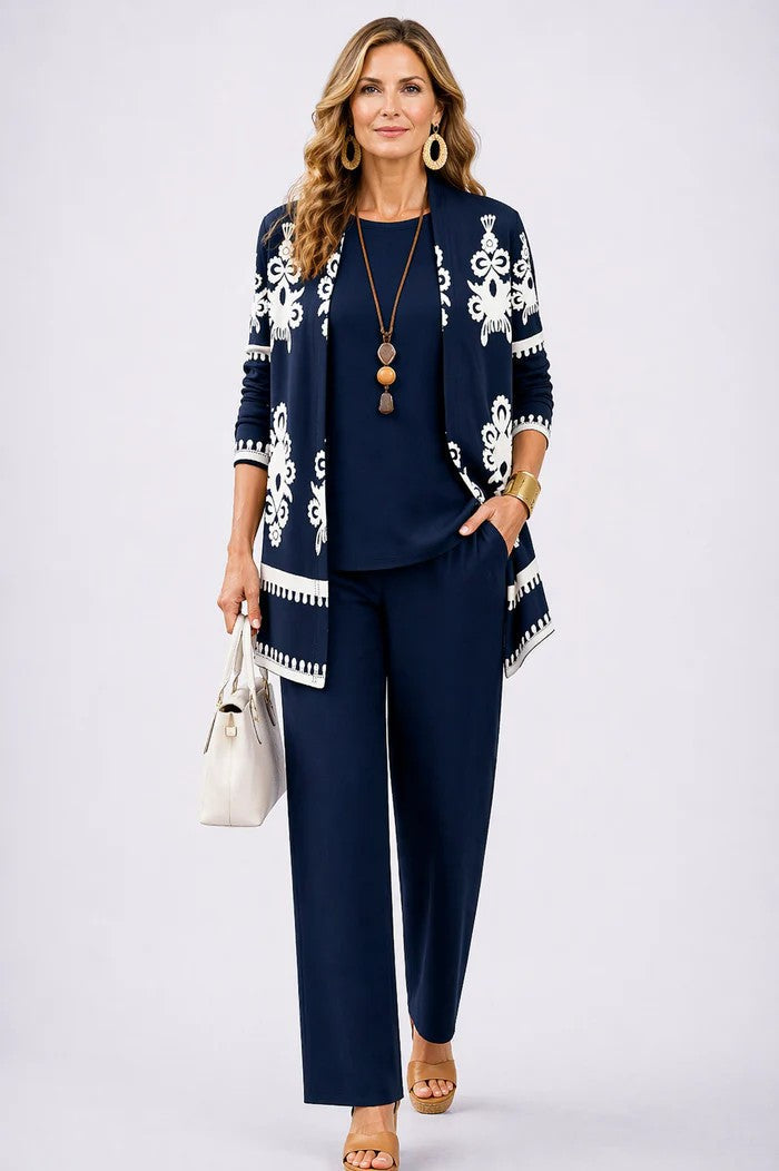 Carmen™ | Elegant 3-Piece Set with Long Cardigan and Trousers | Navy Blue