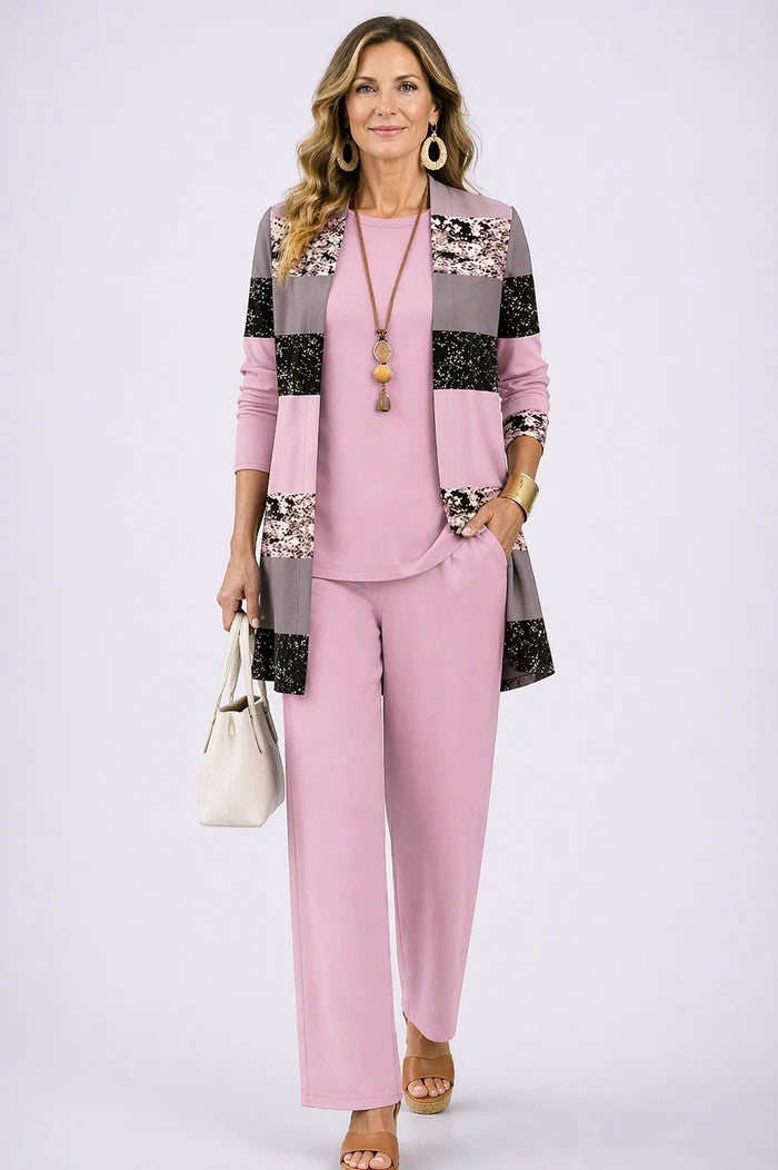 Carmen™ | Elegant 3-Piece Set with Long Cardigan and Trousers | Pink