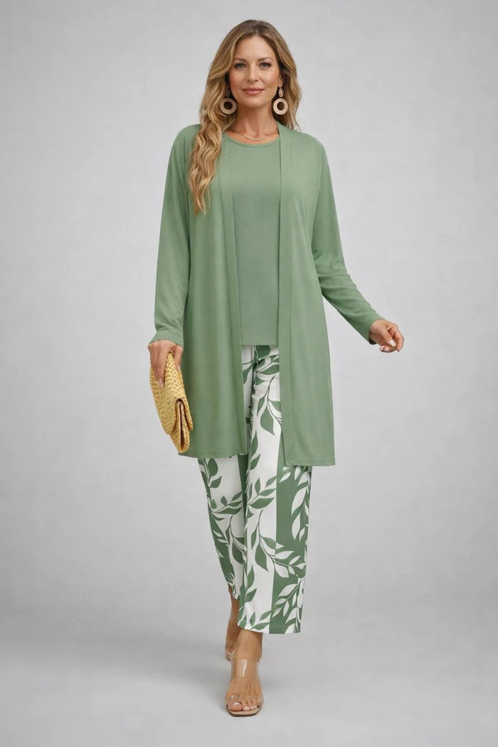 Carmen™ | Elegant 3-Piece Set with Long Cardigan and Trousers | Light Green