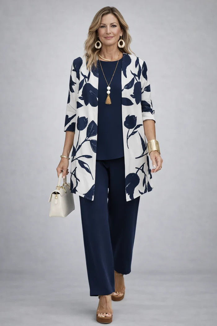 Carmen™ | Elegant 3-Piece Set with Long Cardigan and Trousers | Blue and White