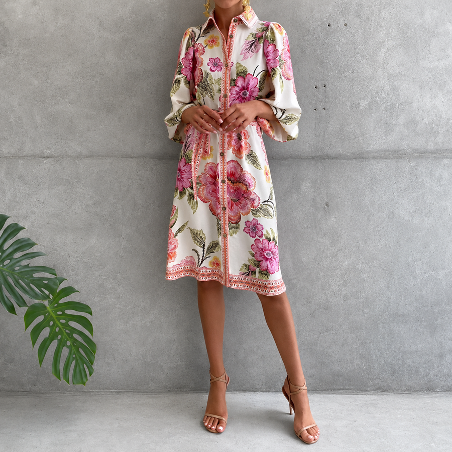 Lantern Sleeve Notched Collar Printed Dress