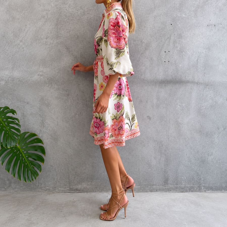 Lantern Sleeve Notched Collar Printed Dress