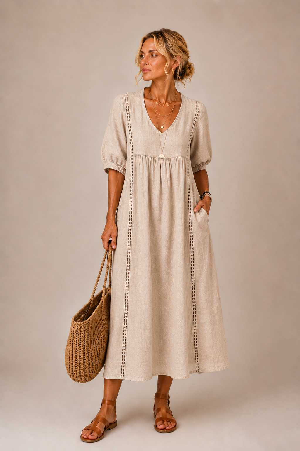 Soline – Summer Midi Dress in Linen and Cotton