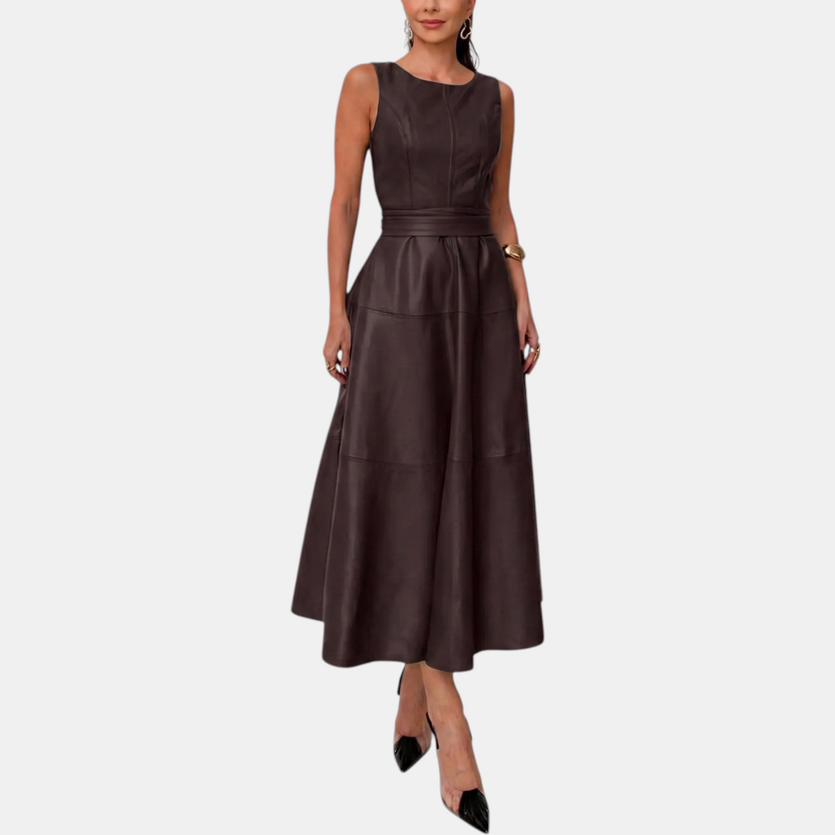 Odile | Faux Leather Belted A-Line Midi Dress