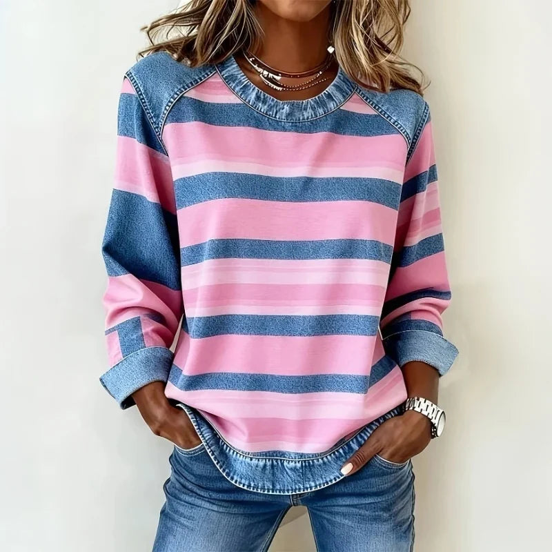 Nora | Soft Striped Top with Denim Details