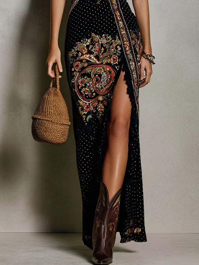 Bohemian Print Dress with Deep V-Neck and High Slit