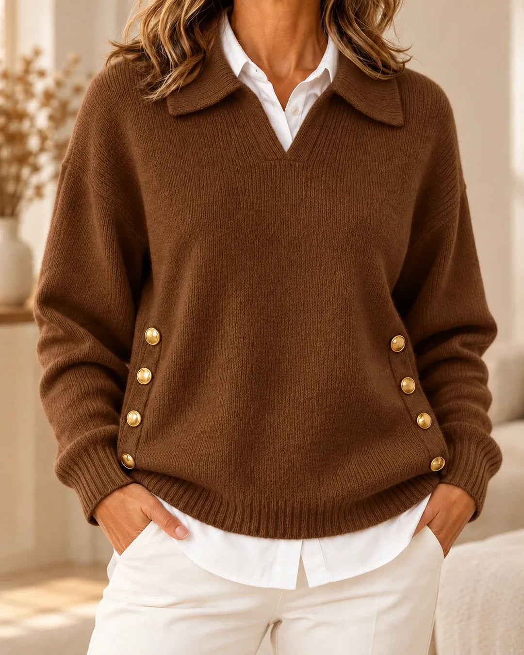 Margot | Gold Button Polo Neck Sweater