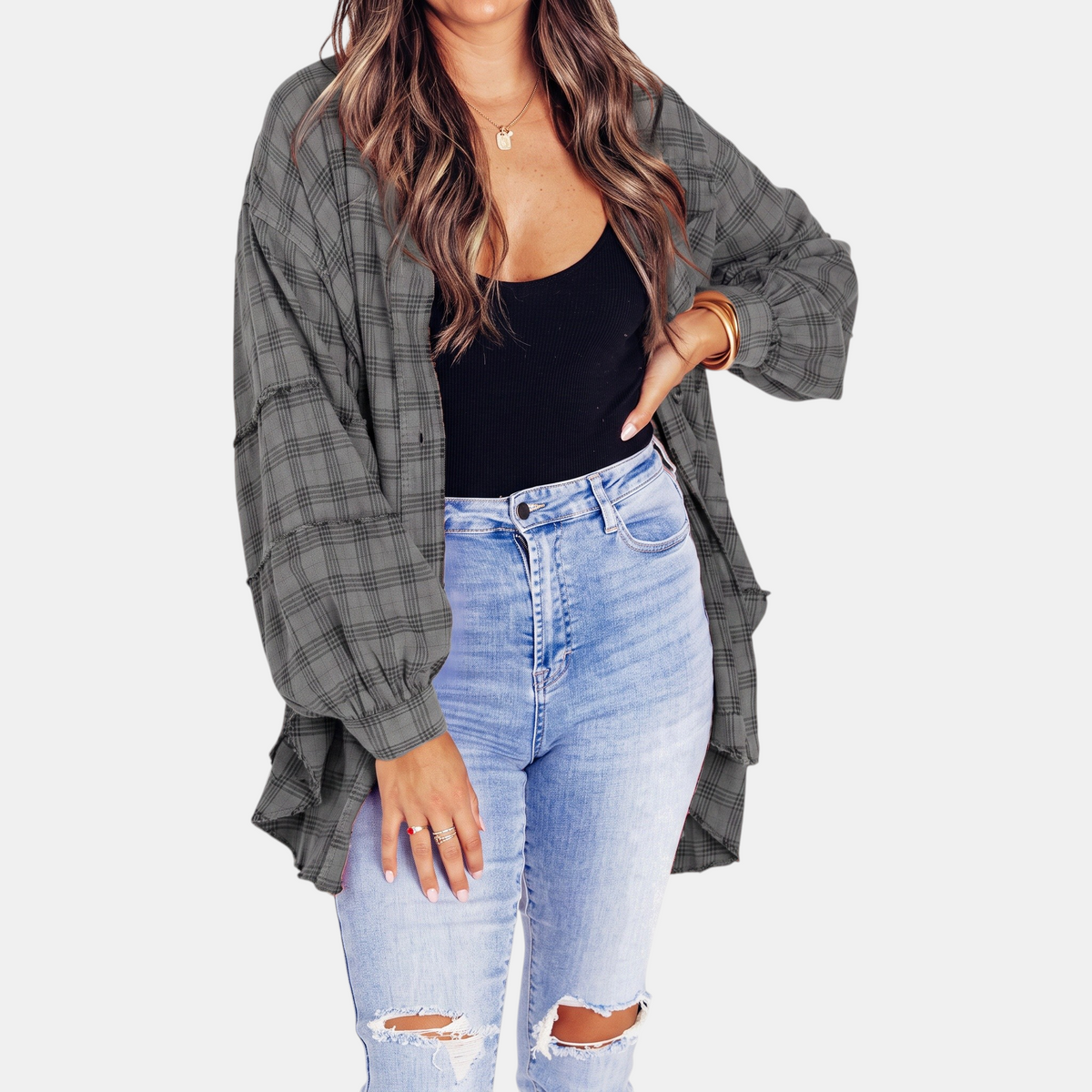 Harlow | Raw Hem Oversized Flannel Shirt