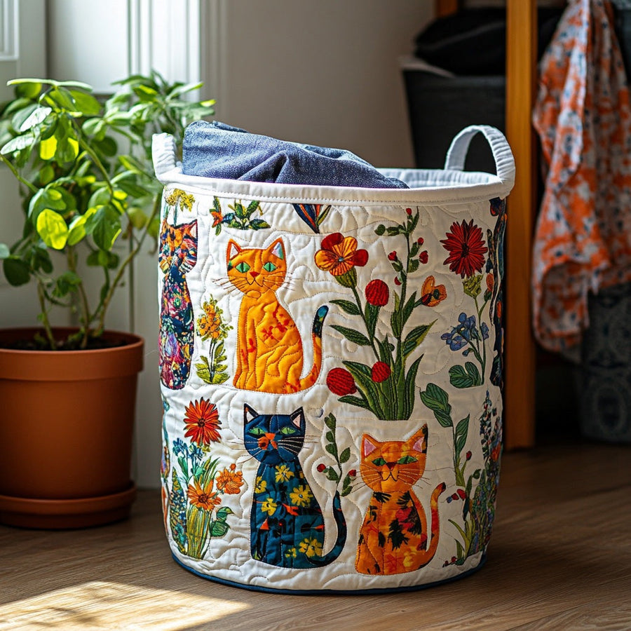 Rosella™ Painted Garden Cats Quilted Laundry Basket