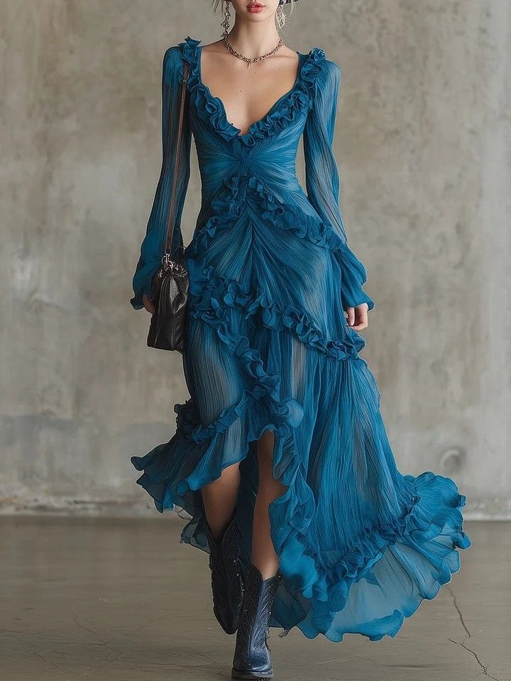 Bohemian Ruffle V-Neck Ocean Blue Chiffon Dress