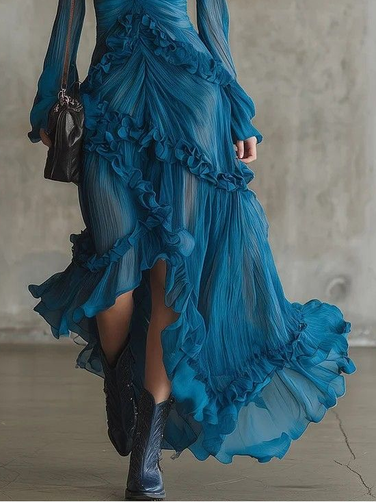 Bohemian Ruffle V-Neck Ocean Blue Chiffon Dress