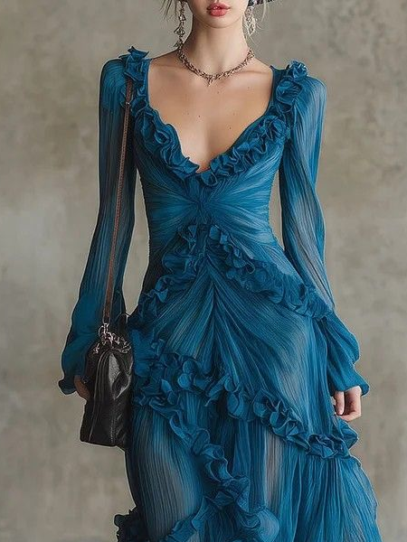 Bohemian Ruffle V-Neck Ocean Blue Chiffon Dress