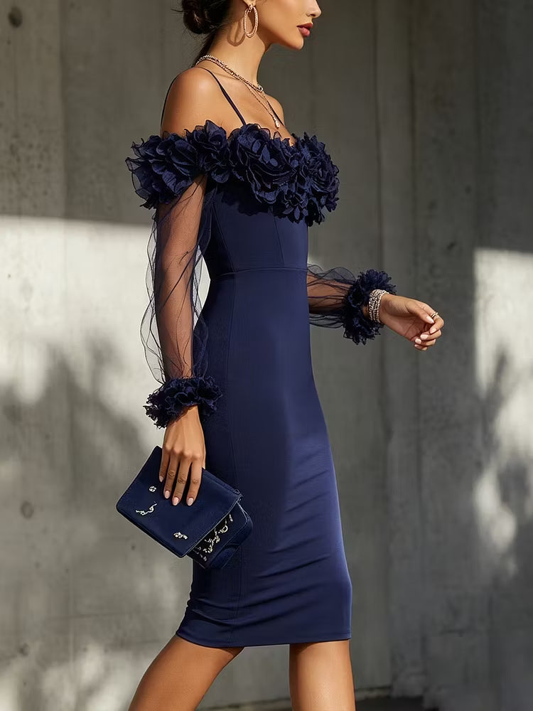 Navy Off-Shoulder Bodycon Midi Dress With 3D Floral Detail