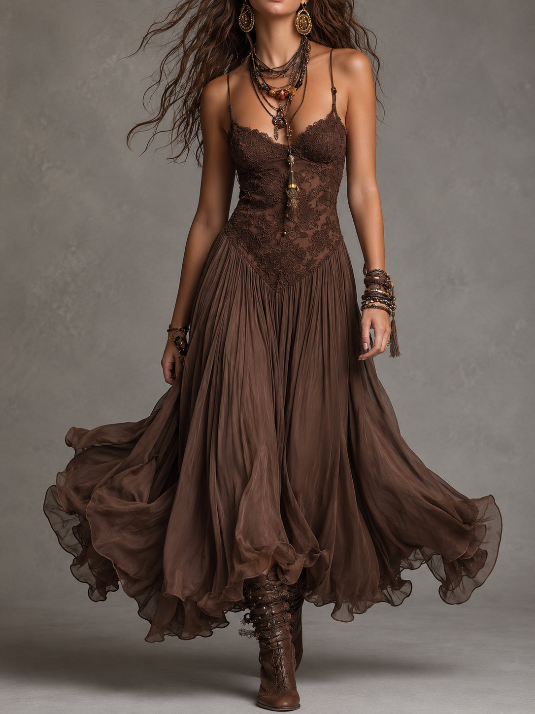 Dark Brown Chiffon Maxi Dress with Lace Panels