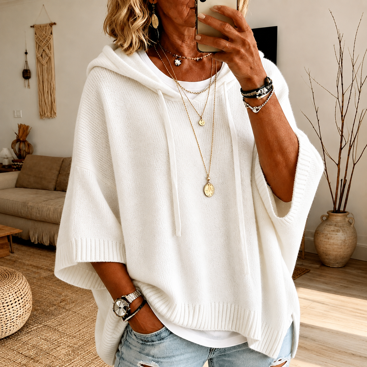 Janice™ | White Poncho Sweater