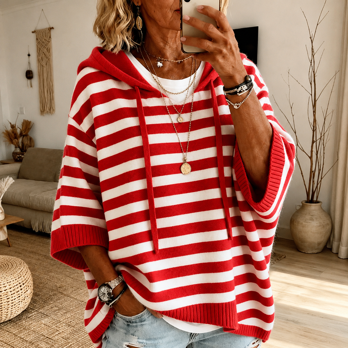 Charlotte™ | Red Striped Poncho Sweater