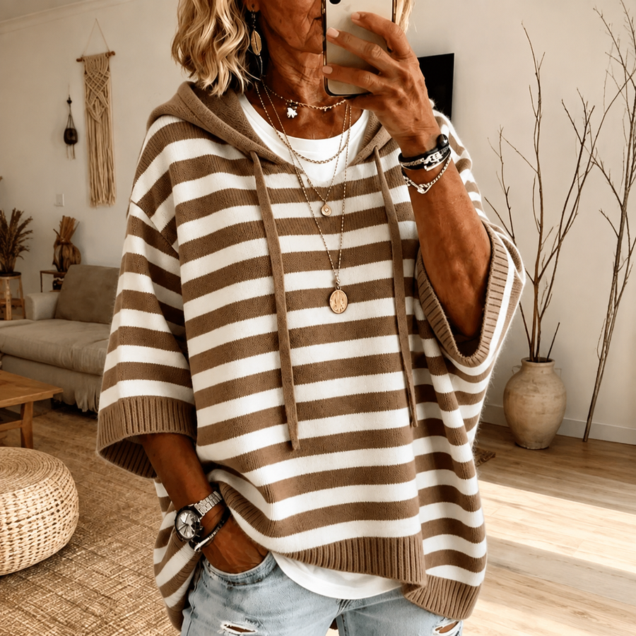 Mathilde™ | Taupe Striped Poncho Sweater